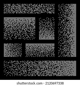 Pixel disintegration, decay effect. Various rectangular elements made of round shapes. Dispersed dotted pattern. Mosaic texture with simple particles. Vector illustration.