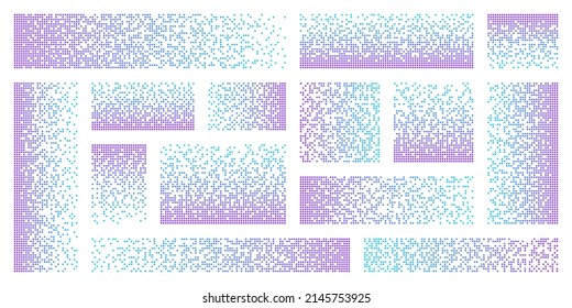 Pixel disintegration, decay effect. Various rectangular elements made of colorful round shapes. Dispersed dotted pattern. Mosaic texture with simple particles. Vector illustration.