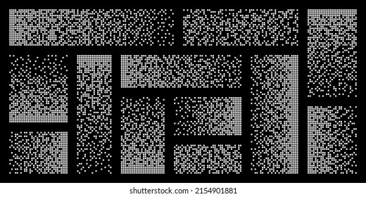 Pixel disintegration, decay effect. Various rectangular elements made of square shapes. Dispersed dotted pattern. Mosaic texture with simple particles. Vector illustration.