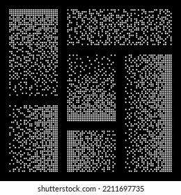 Pixel disintegration, decay effect. Various rectangular elements made of round shapes. Dispersed dotted pattern. Mosaic texture with simple particles. Vector illustration.