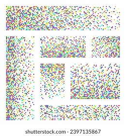 Pixel disintegration, decay effect. Various rectangular elements made of square shapes. Dispersed dotted pattern. Mosaic texture with simple particles. Colored noise. Vector illustration