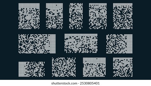 Pixel disintegration on dark backgrounds. Dispersed dotted pattern. Retro 8 bit game effect. Mosaic texture with simple particles. Vector illustration on background