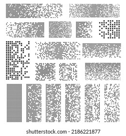 Pixel disintegration set. Decay effect. Dispersed dotted background. Pixel mosaic textures. Data particles defragmentation vector illustration.