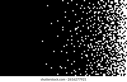 Pixel dissolve effect with dispersion and digital transformation features abstract square mosaic and noise texture in black and white background with tile grid and vector halftone block design