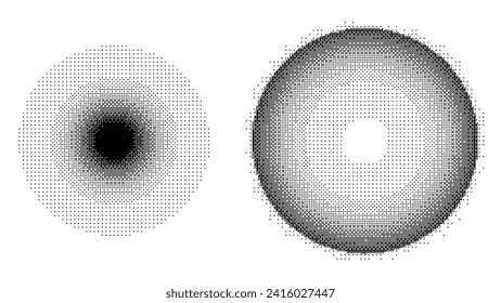Pixel Dither Gradient Glowing Circle. Pixel Art Light Effect. Halftone Circular Light. Radial Gradient. Vector Illustration.
