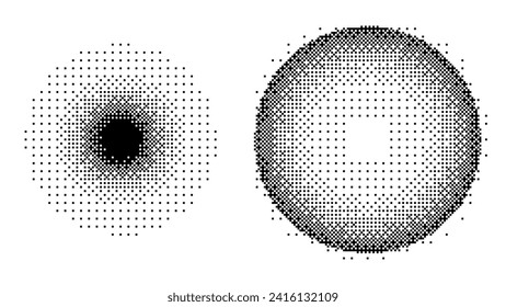 Pixel Dither Gradient Glowing Circle. Pixel Art Light Effect. Halftone Circular Light. Radial Gradient. Vector Illustration.