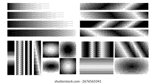 Pixel dither gradients. Digital halftone gradient fade strips, pixelated shading backgrounds with retro dithering dots patterns, abstract glitch style vector set.
