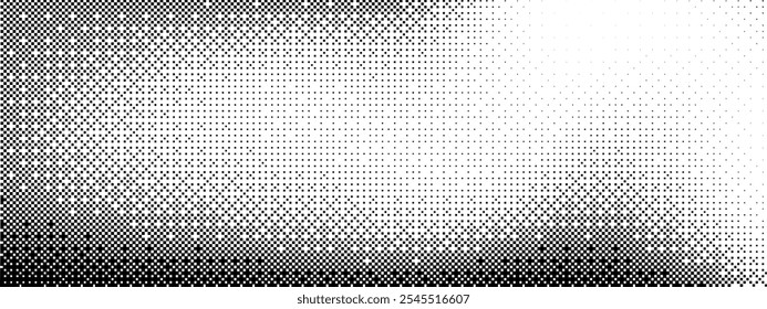 Gradiente de pontilhamento de pixel. Plano de fundo de textura de bitmap. Padrão de pixels aleatórios preto e branco. Ilustração de arte vetorial retrô. Efeito de dissolução monocromática. 8 bit vídeo game screen wallpaper.