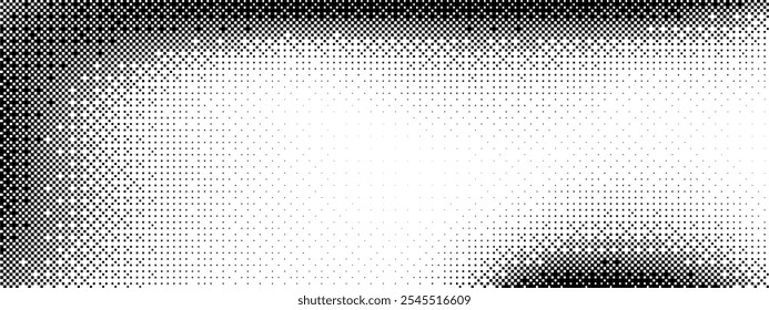 Gradiente de pontilhamento de pixel. Plano de fundo de textura de bitmap. Padrão de pixels aleatórios preto e branco. Ilustração de arte vetorial retrô. Efeito de dissolução monocromática. 8 bit vídeo game screen wallpaper.