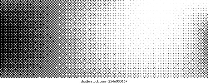 Gradiente de pontilhamento de pixel. Plano de fundo de textura de bitmap. Padrão de pixels aleatórios preto e branco. Ilustração de arte vetorial retrô. Efeito de dissolução monocromática. 8 bit vídeo game screen wallpaper.