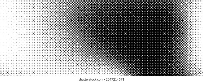 Gradiente de pontilhamento de pixel. Plano de fundo de textura de bitmap. Padrão de pixels aleatórios preto e branco. Ilustração de arte vetorial retrô. Efeito de dissolução monocromática. 8 bit vídeo game screen wallpaper.