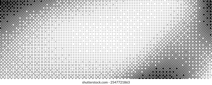 Gradiente de pontilhamento de pixel. Plano de fundo de textura de bitmap. Padrão de pixels aleatórios preto e branco. Ilustração de arte vetorial retrô. Efeito de dissolução monocromática. 8 bit vídeo game screen wallpaper.