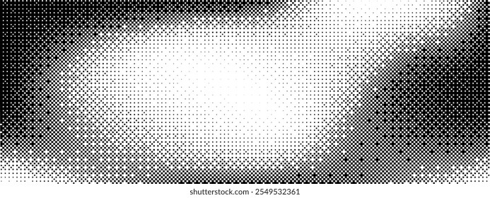 Gradiente de pontilhamento de pixel. Plano de fundo de textura de bitmap. Padrão de pixels aleatórios preto e branco. Ilustração de arte vetorial retrô. Efeito de dissolução monocromática. 8 bit vídeo game screen wallpaper.