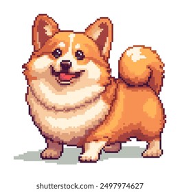 Pixel dog. Corgi cute puppy, 8 bit pixel art style. Video game retro pixelated dog mascot, small brown dog avatar. Playful meme pet character. Isolated vector illustration.