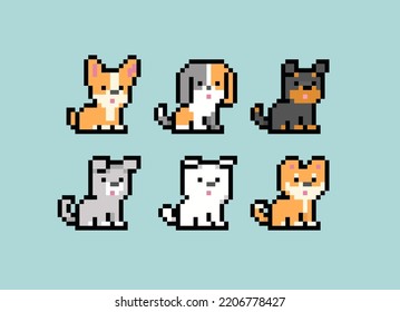 Pixel Dogs Puppy vector collection. Pixel Art kawaii style pet. Cute Corgi and Shiba Inu puppies in 8-bit retro computer game style. Pixel animal pet vector illustration