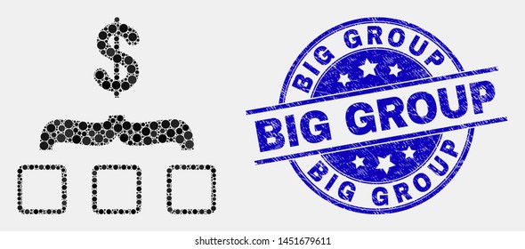 Pixel dollar aggregation mosaic pictogram and Big Group seal stamp. Blue vector rounded scratched seal with Big Group message. Vector composition in flat style.