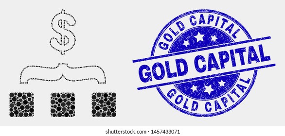 Pixel dollar aggregation mosaic pictogram and Gold Capital seal stamp. Blue vector rounded scratched seal stamp with Gold Capital phrase. Vector combination in flat style.