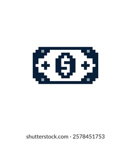 Pixel dollar bill icon vector. Dollar sign logo on a bill. Money dollar pixel icon. 8 bit banknote icon. Monetary unit dollar blank in pixel 16 bit style 80 x .