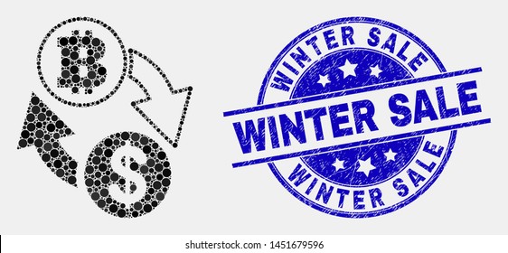 Pixel dollar bitcoin exchange mosaic pictogram and Winter Sale stamp. Blue vector rounded textured stamp with Winter Sale caption. Vector collage in flat style.