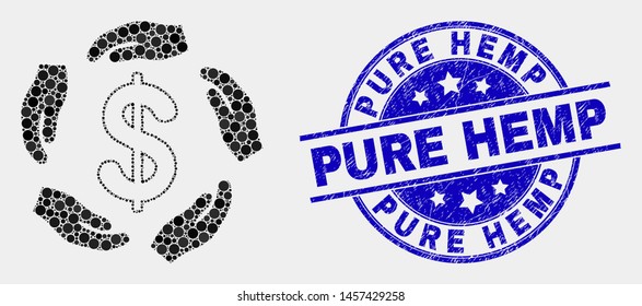 Pixel dollar care hands mosaic icon and Pure Hemp seal stamp. Blue vector round textured seal with Pure Hemp message. Vector combination in flat style.