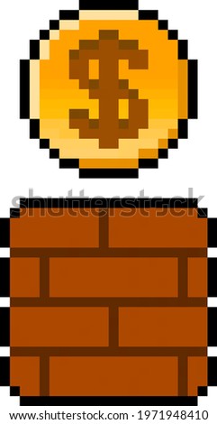 Pixel dollar coin coming out of gaming block - isolated, vector