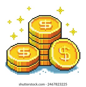 Pixel dollar coins, 8-bit video game style, pixel art vector illustration