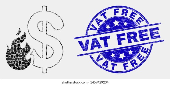 Pixel dollar fire mosaic icon and Vat Free seal stamp. Blue vector rounded grunge watermark with Vat Free title. Vector collage in flat style. Black isolated dollar fire mosaic of randomized dots,