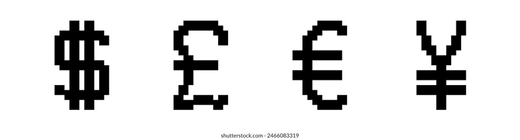 pixel dollar, pound, euro, and yen Different Currencies , money currency, currency symbol	
