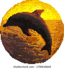 Pixel dolphin jumping on the sunset. Vector illustration