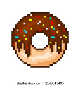 Pixel donut with chocolate icing. Sweet dessert sprinkled with cocoa and colored powder. Confectionery sweet with cream filling for vector 8bit games