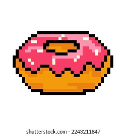 Pixel donut icon, 8Bit donut. Pixel Art donut, Vector Illustration isolated on white background.