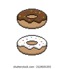 pixel  donut icon.  Donuts with chocolate and Vanilla  topping pixel art for 8 bit games 