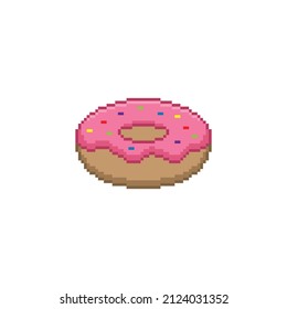 pixel  donut icon.  Donuts with  pink topping pixel art for 8 bit games 