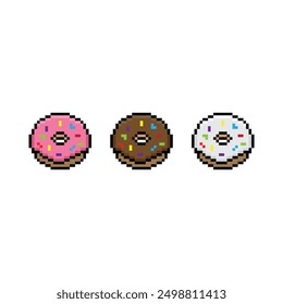 pixel donut icon. Donuts with topping pixel art for 8 bit games company logo template