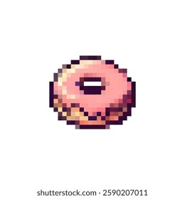 Pixel donut icon. Donut logo in pixel style 80s, 90s. Donut pixel for games, websites, animations. 8bit baking icon. Vector vintage retro donut icon.