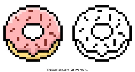 Pixel donut icon vector, a sweet, retro-style treat for digital designs, gaming, or nostalgic themes. Perfect for adding a fun, pixelated touch to food-related concepts.