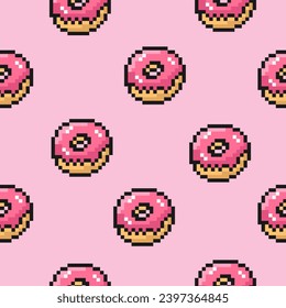 pixel donut seamless pattern, vintage, 8 bit, 80s, 90s games, computer arcade game style, vector pattern for textiles, t-shirts, packaging, phone case and more