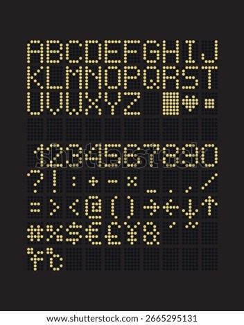Pixel dot font capital letters, numbers and punctuations. For techno style illustrations. LED sign board font in airport and train station