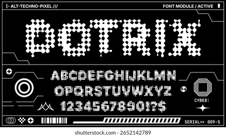 Fonte Pixel dot com alfabeto completo e números em estilo cyberpunk falha. Tipo de letra modular futurista com textura de rede tecno, inspirada em interfaces de ficção científica e sistemas digitais