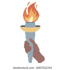 Pixel dot icon. Flaming torchs. Cartoon hand holding a torch withe flame. Burning fire or flame. Sport fire sign. Athletic, champion, sports game or freedom torches with flames.