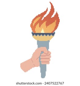 Pixel dot icon. Flaming torchs. Cartoon hand holding a torch withe flame. Burning fire or flame. Sport fire sign. Athletic, champion, sports game or freedom torches with flames.