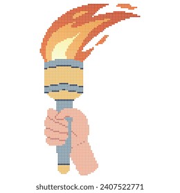 Pixel dot icon. Flaming torchs. Cartoon hand holding a torch withe flame. Burning fire or flame. Sport fire sign. Athletic, champion, sports game or freedom torches with flames.