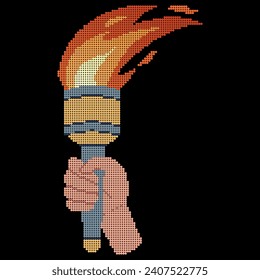 Pixel dot icon. Flaming torchs. Cartoon hand holding a torch withe flame. Burning fire or flame. Sport fire sign. Athletic, champion, sports game or freedom torches with flames.