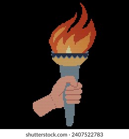 Pixel dot icon. Flaming torchs. Cartoon hand holding a torch withe flame. Burning fire or flame. Sport fire sign. Athletic, champion, sports game or freedom torches with flames.