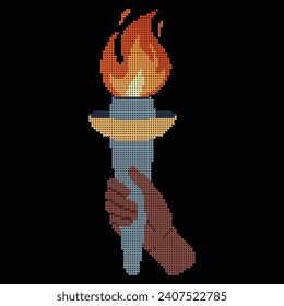 Pixel dot icon. Flaming torchs. Cartoon hand holding a torch withe flame. Burning fire or flame. Sport fire sign. Athletic, champion, sports game or freedom torches with flames.