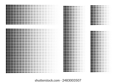 Patrón de puntos de píxeles. Fondo de desintegración pixelado. Texturas de mosaico de puntos dispersos con partículas cuadradas simples y efecto de descomposición. Abstractas conjunto de Vector negro aislado en blanco.