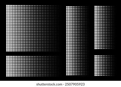 Pixelpunktmuster. Verpixelter Desintegrationshintergrund. Verstreute gepunktete Mosaik-Texturen mit einfachen quadratischen Teilchen und Zerfallseffekt. Abstrakter Vektor einzeln auf Schwarz festlegen.