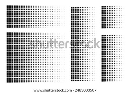 Pixel dot pattern. Pixelated disintegration background. Dispersed dotted mosaic textures with simple square particles and decay effect. Abstract black vector set isolated on white.