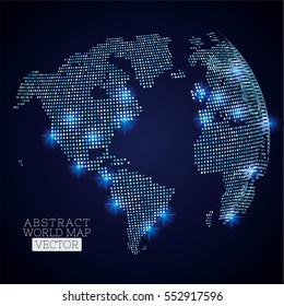 Pixel dot world map with glowing locations. Global technology concept