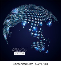 Pixel dot world map with glowing locations. Global technology concept